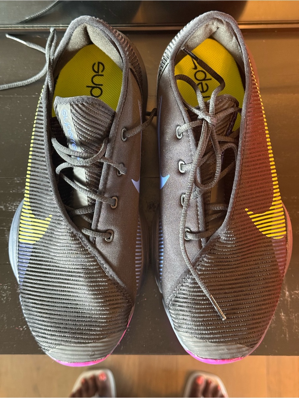 Nike Women’s Air Zoom Super Black Athletic Shoes with Yellow and Pink Accents